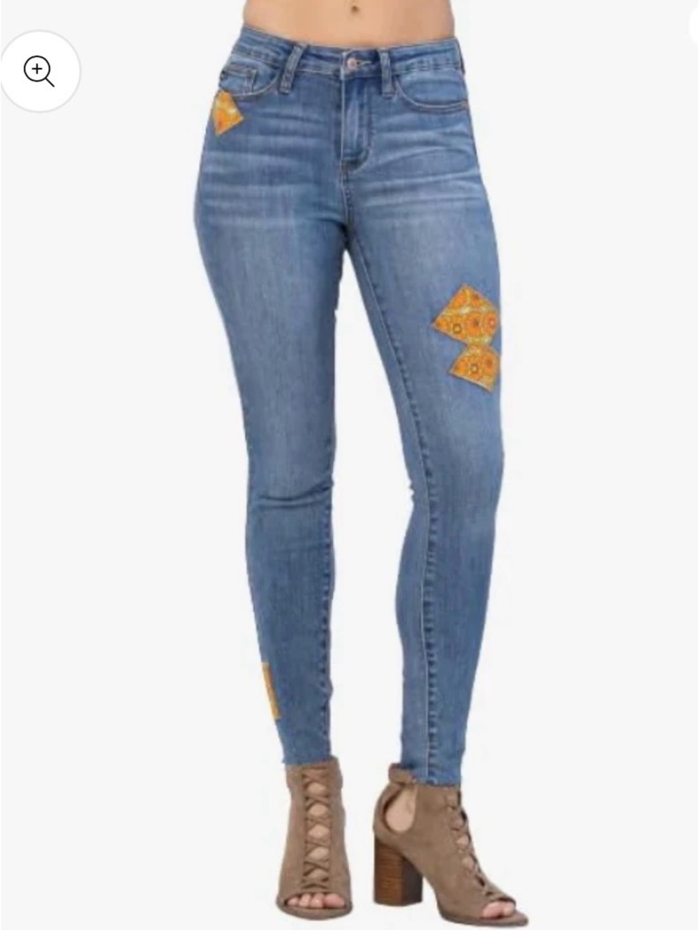 Women’s Judy mid rise 70’s patch Skinny Jeans with Orange Patch Accents sz 9 29